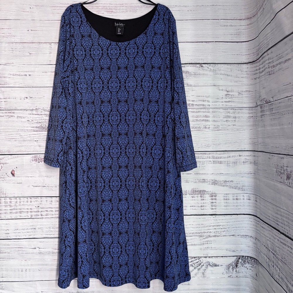 Nicole Miller Navy Geometric Long Sleeve Dress